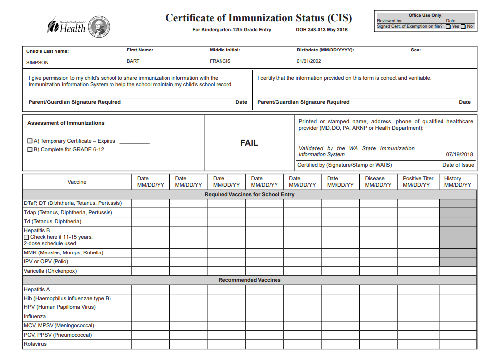 Certificate Of Immunization Status CIS 