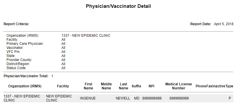 Example Physician/Vaccinator Detail Report