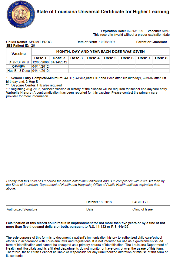 Example State of Louisiana Universal Certificate for Higher Learning