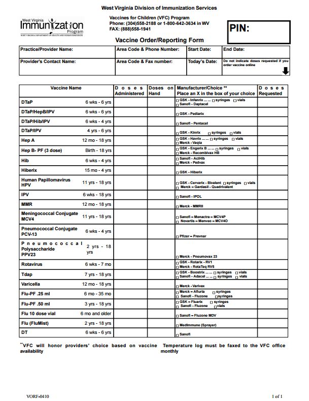 Blank Vaccine Order/Report Form for West Virginia